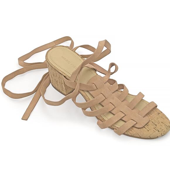 MARC FISHER "Riza" Leather Fisherman Cork Heel Ankle Wrap Sandals (Blush | 9M) - Picture 7 of 10